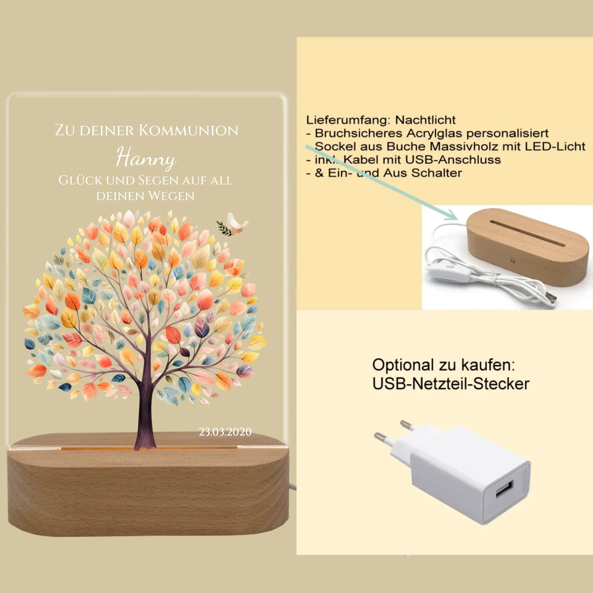 Zur Kommunion / Konfirmation / Taufe oder Geburt. Personalisiertes Kinder oder Baby - LED Nachtlicht Lebensbaum