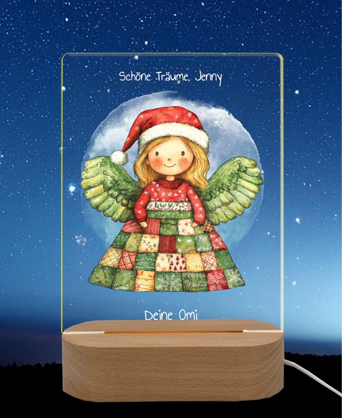 Personalisiertes LED Nachtlicht & Dekolicht für Kinder - Weihnachtsengel LED-Nachtlicht für Erwachsene & Kinder rechteckig Transparent