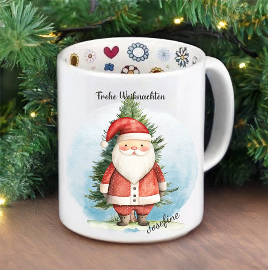 Weihnachtstasse mit Weihnachtsmann und Tanne, Namen und Frohe Weihnachten Seasonal Mug-Christmas Default Pre-Printed Inside
