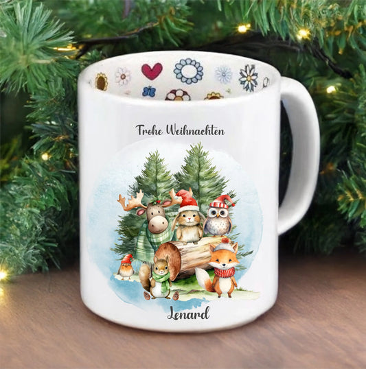 Weihnachtstasse mit Weihnacht-Waldtieren mit Namen und Frohe Weihnachten Seasonal Mug-Christmas Default Pre-Printed Inside