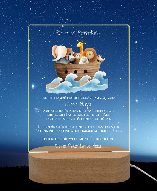 Patenkind Geschenk zur Taufe, Geburt, Kommunion / Konfirmation. Arche Noah personalisiertes Baby & Kinder - LED Nachtlicht LED-Nachtlicht rechteckig Transparent