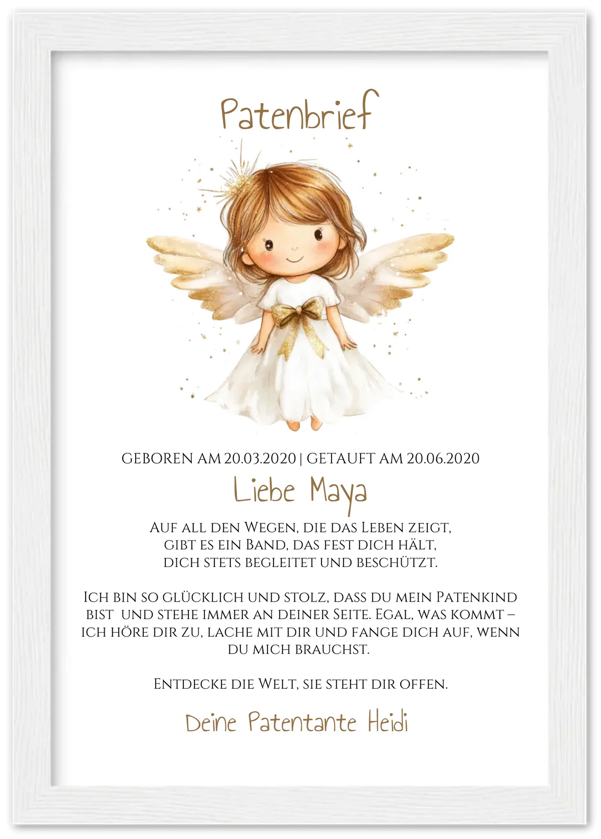 Patenbrief von Patentante / Patenonkel Schutzengel Premium Matte Paper Wooden Framed Poster - White - Vertical Gerahmtes Poster