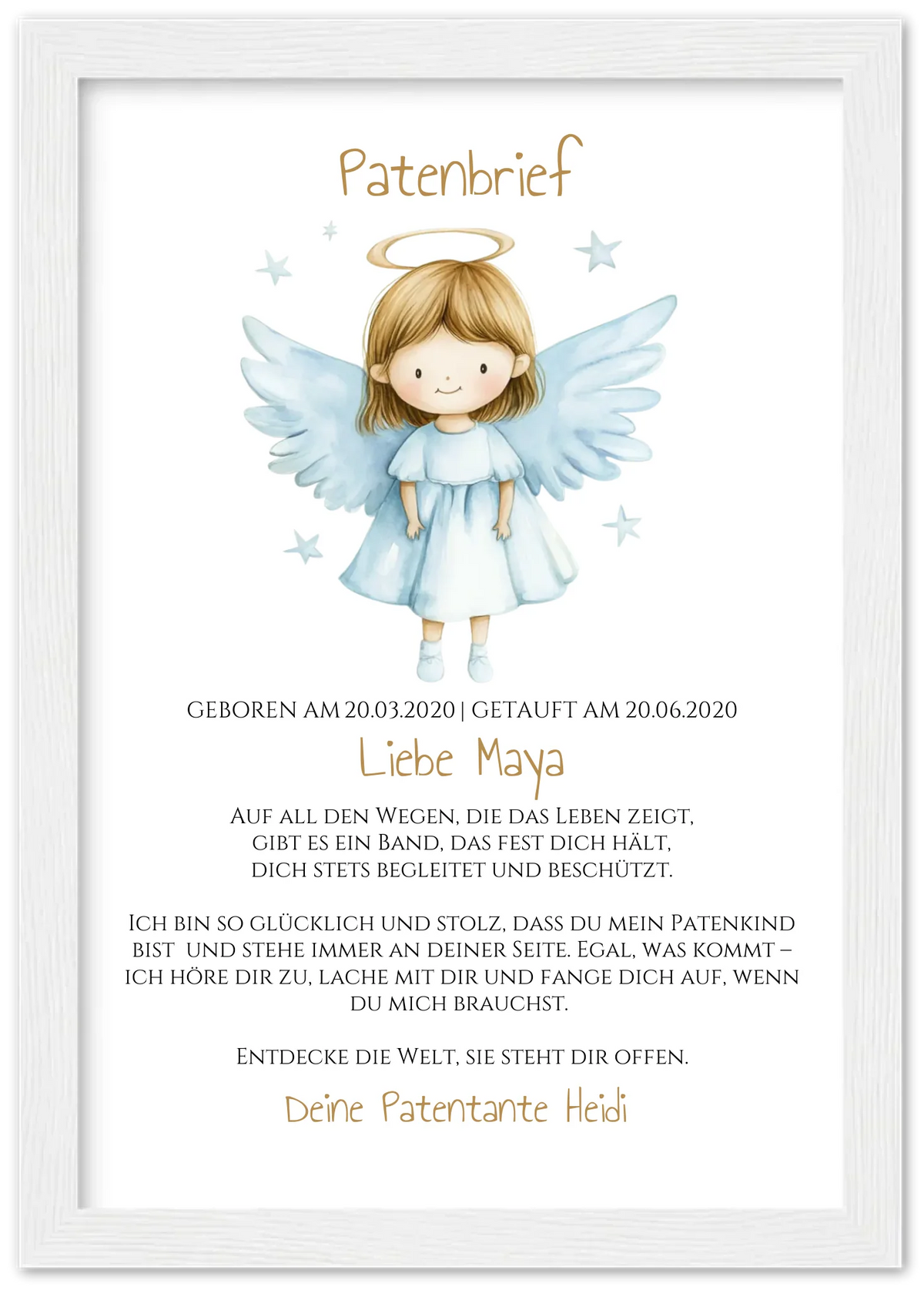 Patenbrief von Patentante / Patenonkel mit Schutzengel Premium Matte Paper Wooden Framed Poster - White - Vertical Gerahmtes Poster