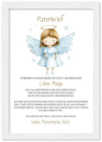 Patenbrief von Patentante / Patenonkel mit Schutzengel Premium Matte Paper Wooden Framed Poster - White - Vertical Gerahmtes Poster