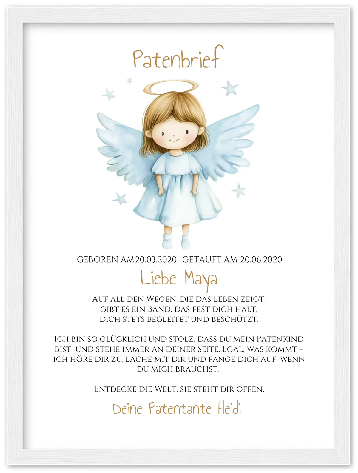 Patenbrief von Patentante / Patenonkel mit Schutzengel