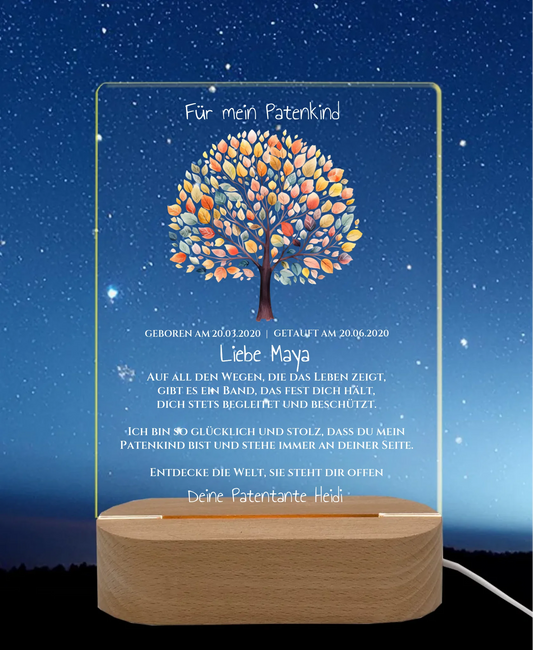 Patenkind Geschenk zur Taufe, Geburt, Kommunion / Konfirmation. Lebensbaum personalisiertes Baby & Kinder - LED Nachtlicht LED-Nachtlicht rechteckig Transparent