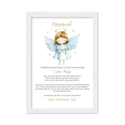 Patenbrief Geschenk Patenkind - Poster, Kissen, Decke, Leinwandbild personalisiert Gerahmtes Poster weiß Holzflair Weiß