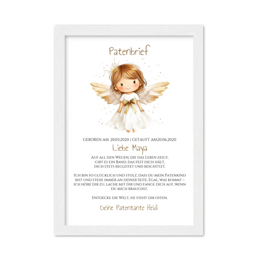 Patenbrief Geschenk Patenkind Schutzengel - Decke, Kissen, Poster, Leinwandbild personalisiert Gerahmtes Poster weiß Holzflair Weiß