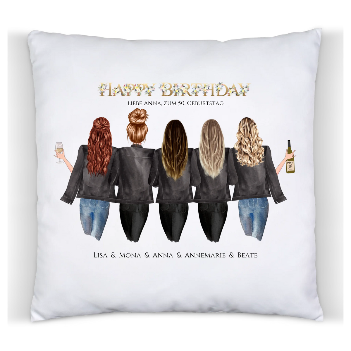 50. Geburtstag Geschenk für Frauen - Kissen Geburtstagsgeschenk für Freundin / 5 Freundinnen - Geschenkidee personalisiert Satinkissen Satinkissen 40x40cm
