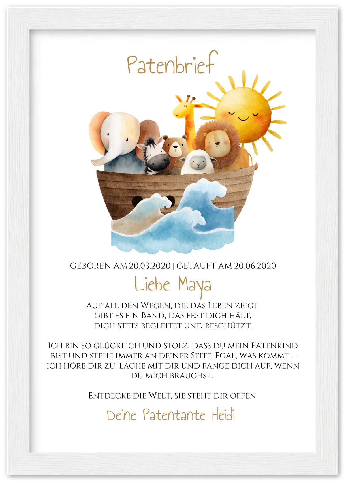 Patenbrief von Patentante / Patenonkel Arche Noah Premium Matte Paper Wooden Framed Poster - White - Vertical Gerahmtes Poster