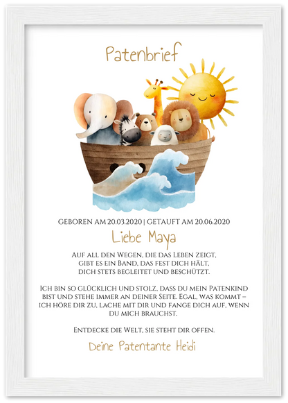 Patenbrief von Patentante / Patenonkel Arche Noah Premium Matte Paper Wooden Framed Poster - White - Vertical Gerahmtes Poster