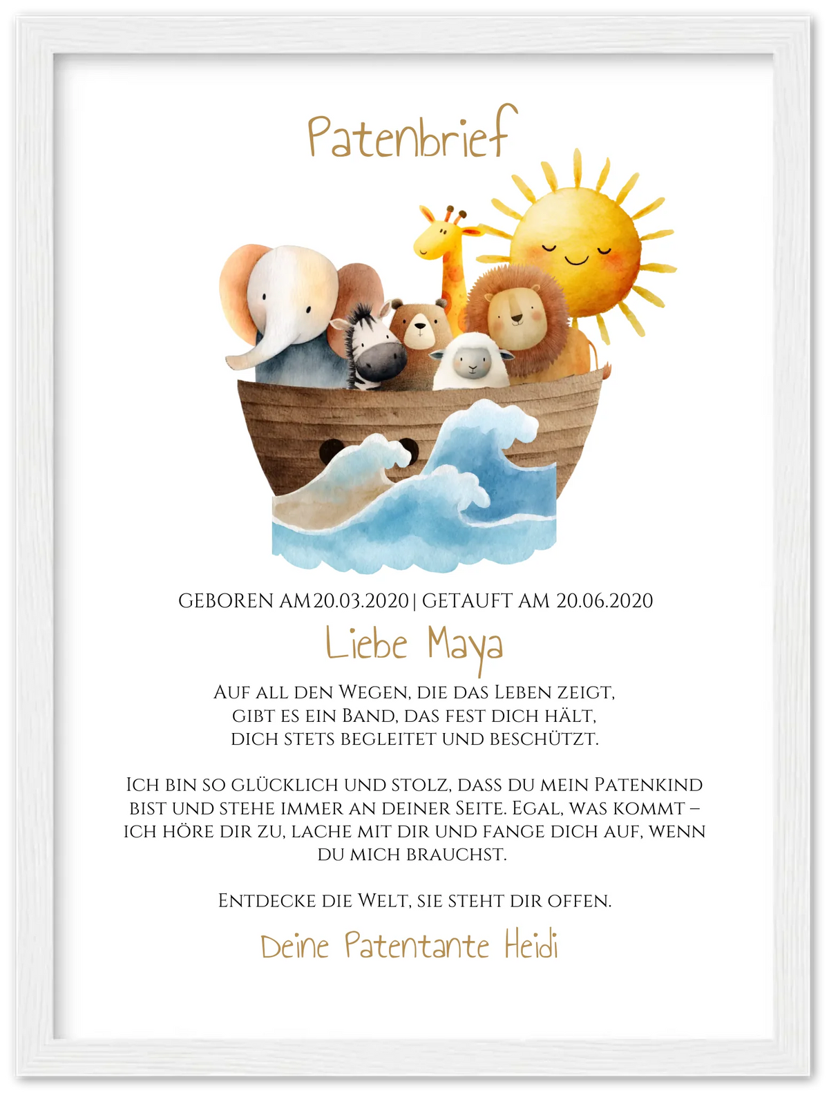 Patenbrief von Patentante / Patenonkel Arche Noah