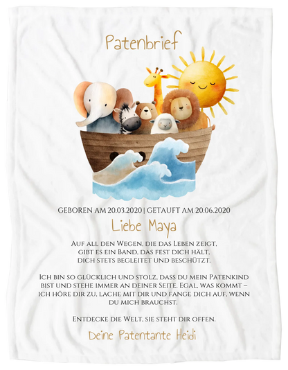 Patenbrief Arche Noah personalisiert für Patenkind Blanket Premium Kuscheldecke 200 x 150 cm 60" x 80"