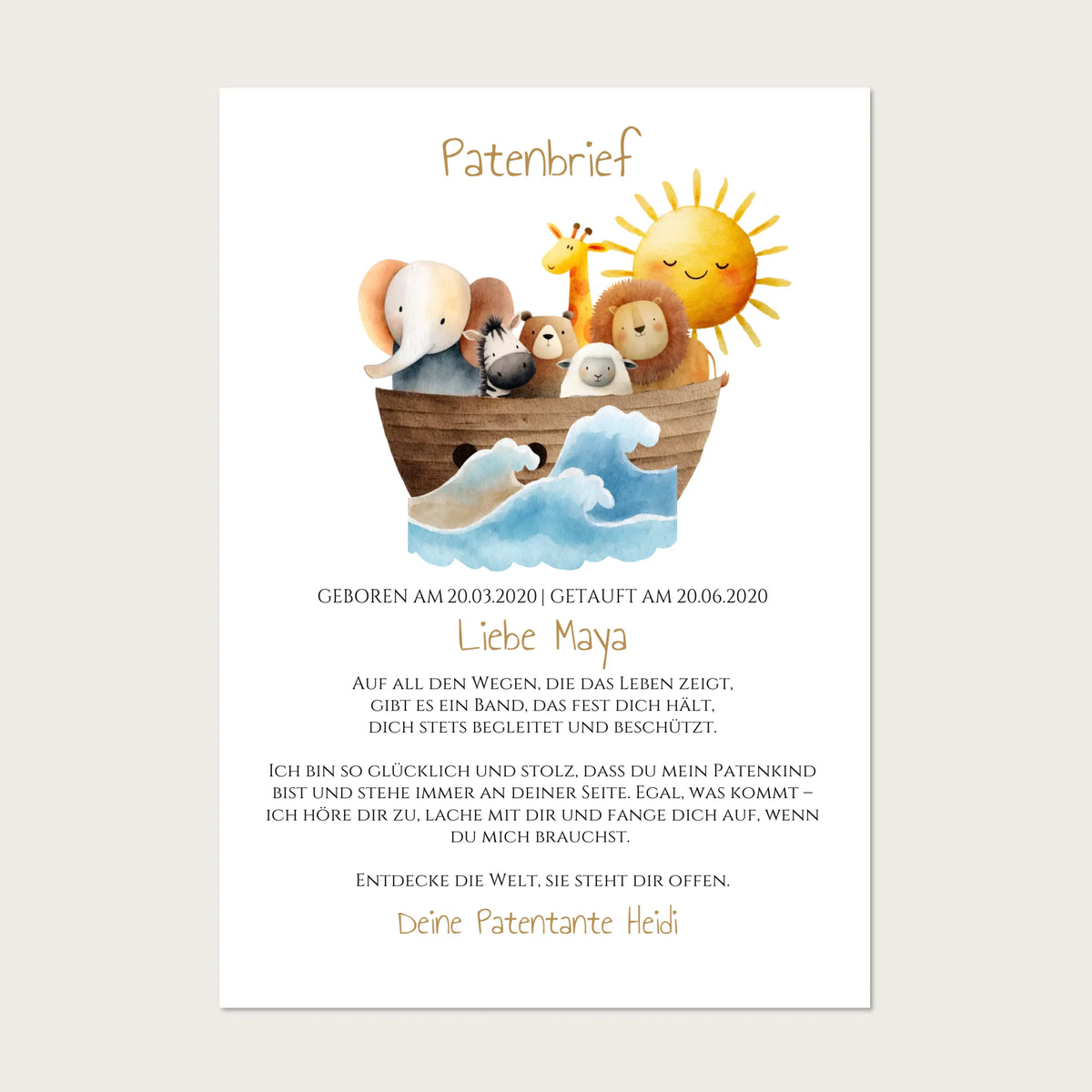 Patenbrief Arche Noah personalisiert für Patenkind !!! Digitale Datei zum Selberdrucken - kein Poster !!! Digitale Datei zum Selberdrucken - kein Poster A4 A3 A2