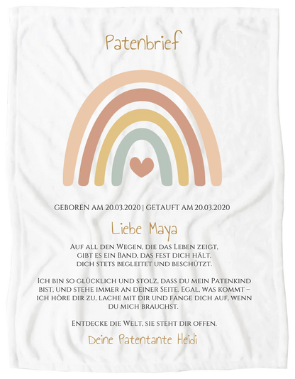 Patenbrief Geschenk Patenkind Regenbogen - Decke, Kissen, Poster, Leinwandbild personalisiert Blanket Premium Kuscheldecke 100 x 70 cm 27" x 40"