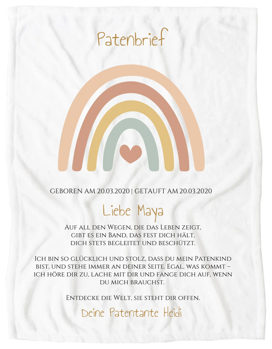 Patenbrief Geschenk Patenkind Regenbogen - Decke, Kissen, Poster, Leinwandbild personalisiert Blanket Premium Kuscheldecke 100 x 70 cm 27" x 40"