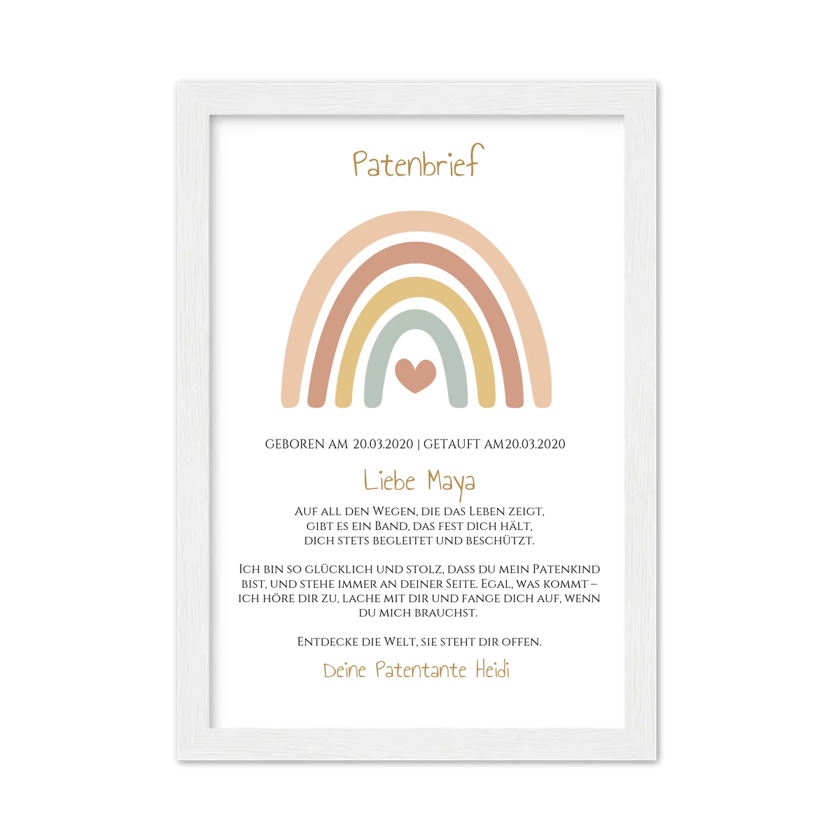 Patenbrief Geschenk Patenkind Regenbogen - Decke, Kissen, Poster, Leinwandbild personalisiert Gerahmtes Poster weiß Holzflair Weiß