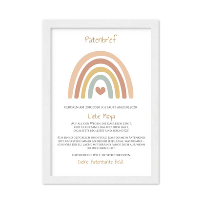 Patenbrief Geschenk Patenkind Regenbogen - Decke, Kissen, Poster, Leinwandbild personalisiert Gerahmtes Poster weiß Holzflair Weiß