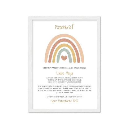 Patenbrief Geschenk Patenkind Regenbogen - Decke, Kissen, Poster, Leinwandbild personalisiert Gerahmtes Poster weiß Holzflair Weiß