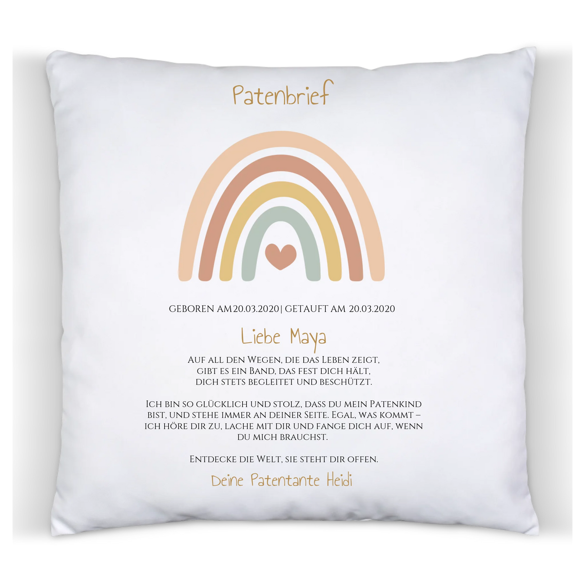 Patenbrief Geschenk Patenkind Regenbogen - Decke, Kissen, Poster, Leinwandbild personalisiert Premium Kissen (Plüschoberfläche) Premium Kissen