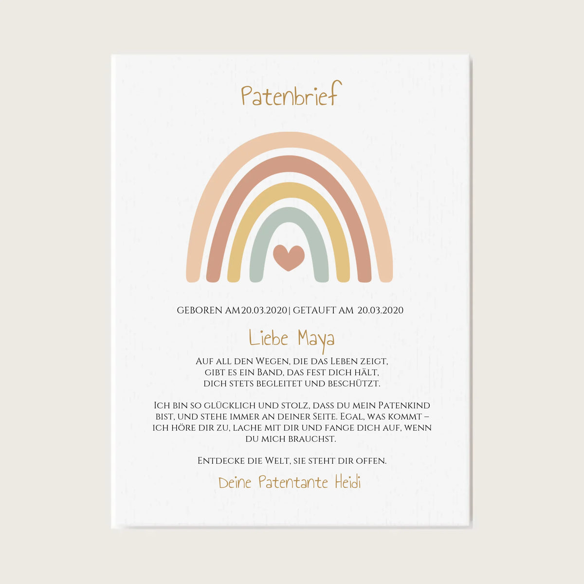 Patenbrief Geschenk Patenkind Regenbogen - Decke, Kissen, Poster, Leinwandbild personalisiert Leinwanddruck Leinwandbild