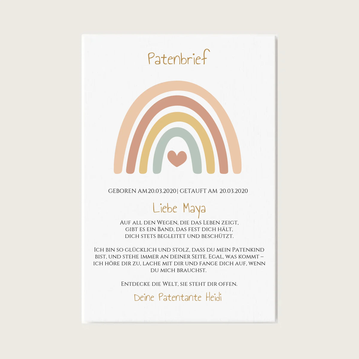 Patenbrief Geschenk Patenkind Regenbogen - Decke, Kissen, Poster, Leinwandbild personalisiert Leinwanddruck Leinwandbild