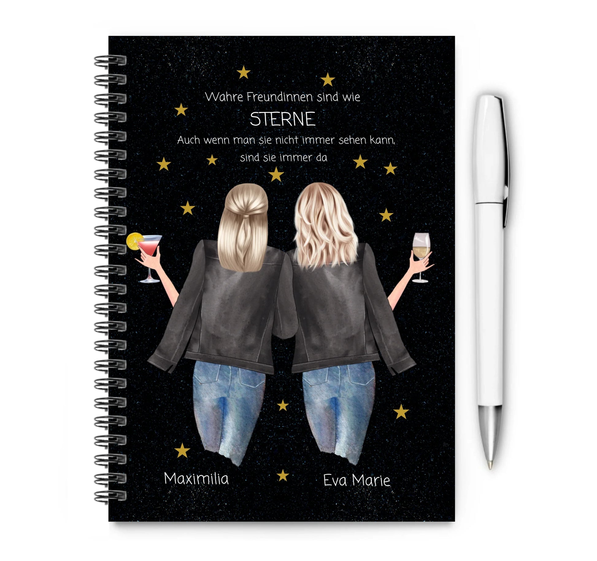 Tolles Geburtstagsgeschenk zur Erinnerung. Collegeblock & Notizbloch mit 2 Freundinnen Motiv, Namen und Spruch gestaltbar.