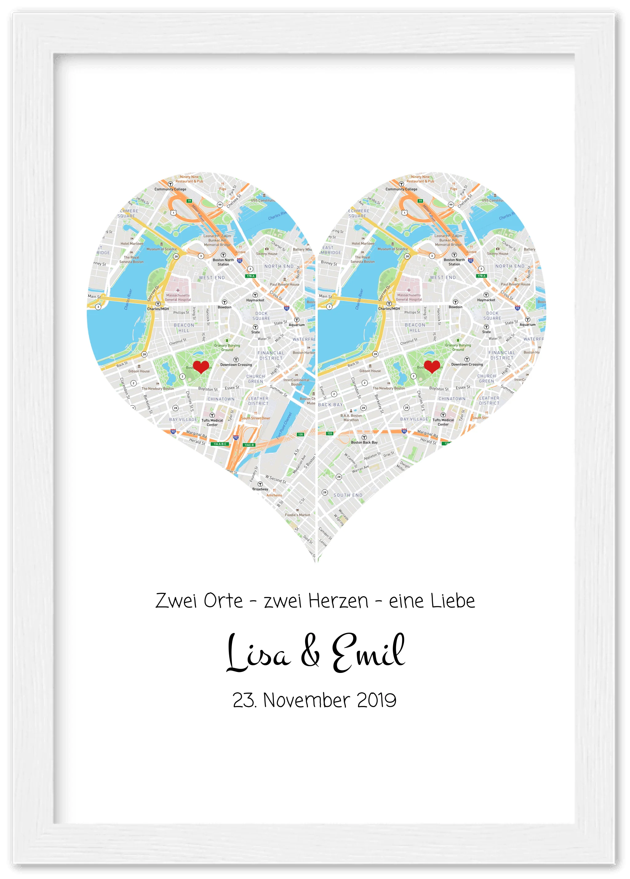 Personalisiertes Geschenk zur Hochzeit - Herz im Stadtkarte Koordinaten Style als modernes  Hochzeitsgeschenk mit Namen und Hochzeitsdaten.