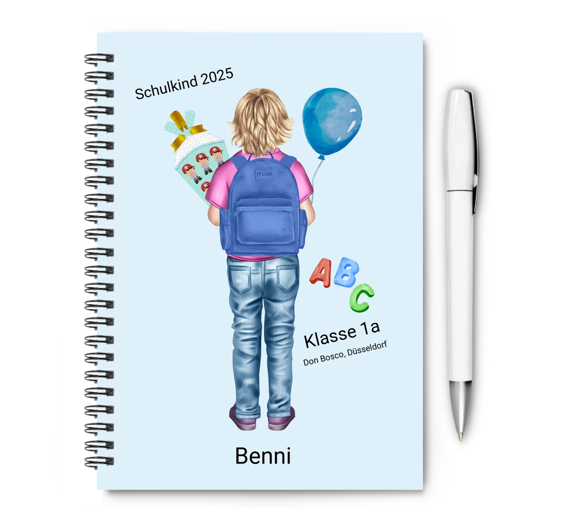 Einschulungsgeschenk Collegeblock personalisiert zum Schulbeginn als Hausaufgabenheft oder Notizblock für Ideen. Individuell gestaltbar mit Outfit, Frisur, Namen und Wunschtext.