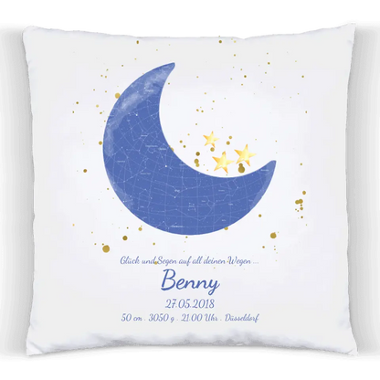 Babykissen mit Sternenhimmel im Mondmotiv als Geschenk für Neugeborene, Eltern & Paten.