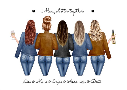 Erstelle ein personalisiertes Poster mit 5 Freundinnen aus unserer Motivauswahl zusammen und schaffe ein einzigartiges Geschenk für deine Freundinnen.