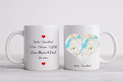 Hochzeitsgeschenk Personalisierte Tasse mit Herz - Wo alles begann - Kennenlernorte