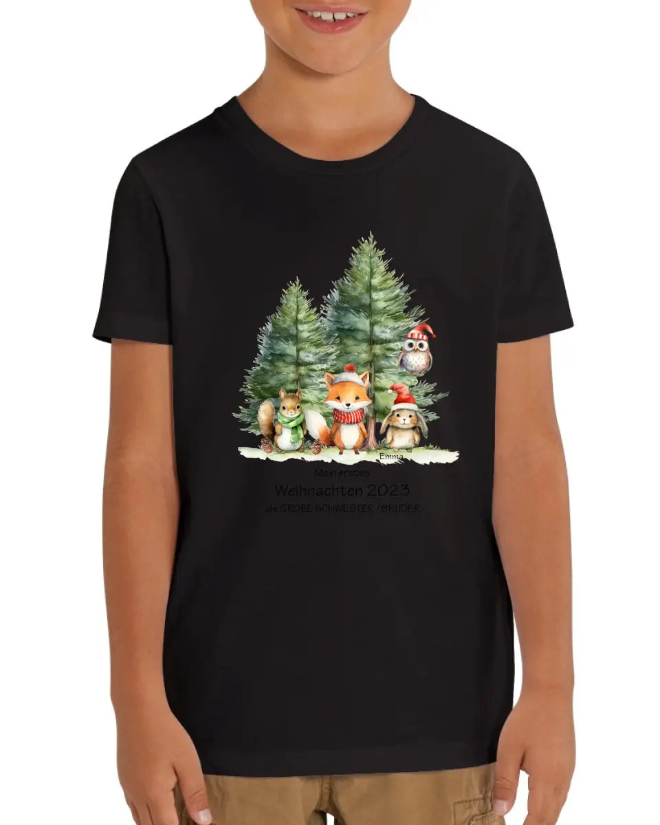 Geschenk Weihnachten 2023 - T-Shirt - Erstes Weihnachten als große Schwester, großer Bruder für Mädchen / Jungen Happy Christmas mit Wunschtext