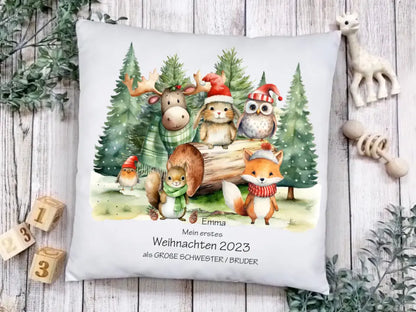 Weihnachtsgeschenk personalisiertes Geschenk kuscheliges Kissen mit Waldtieren für Kinder mit Namen und Wunschtext