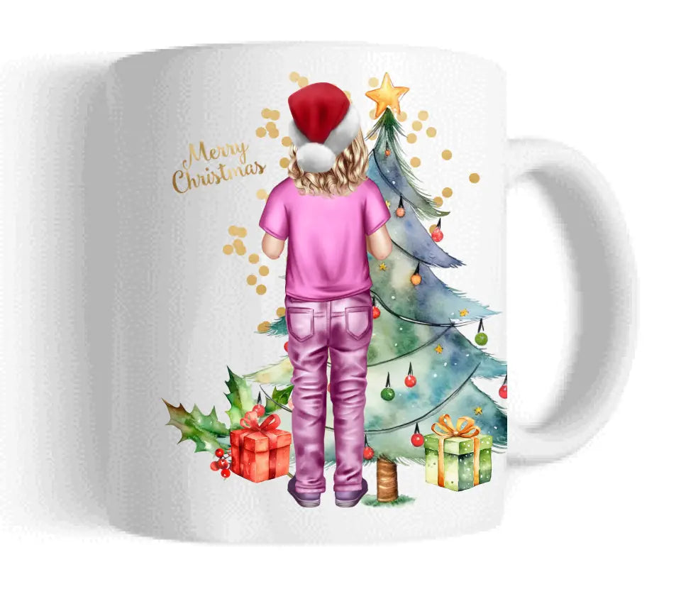Personalisierte Tasse für Kinder zu Weihnachten mit Kleidung, Namen und Text gestaltbar. Weihnachtstasse