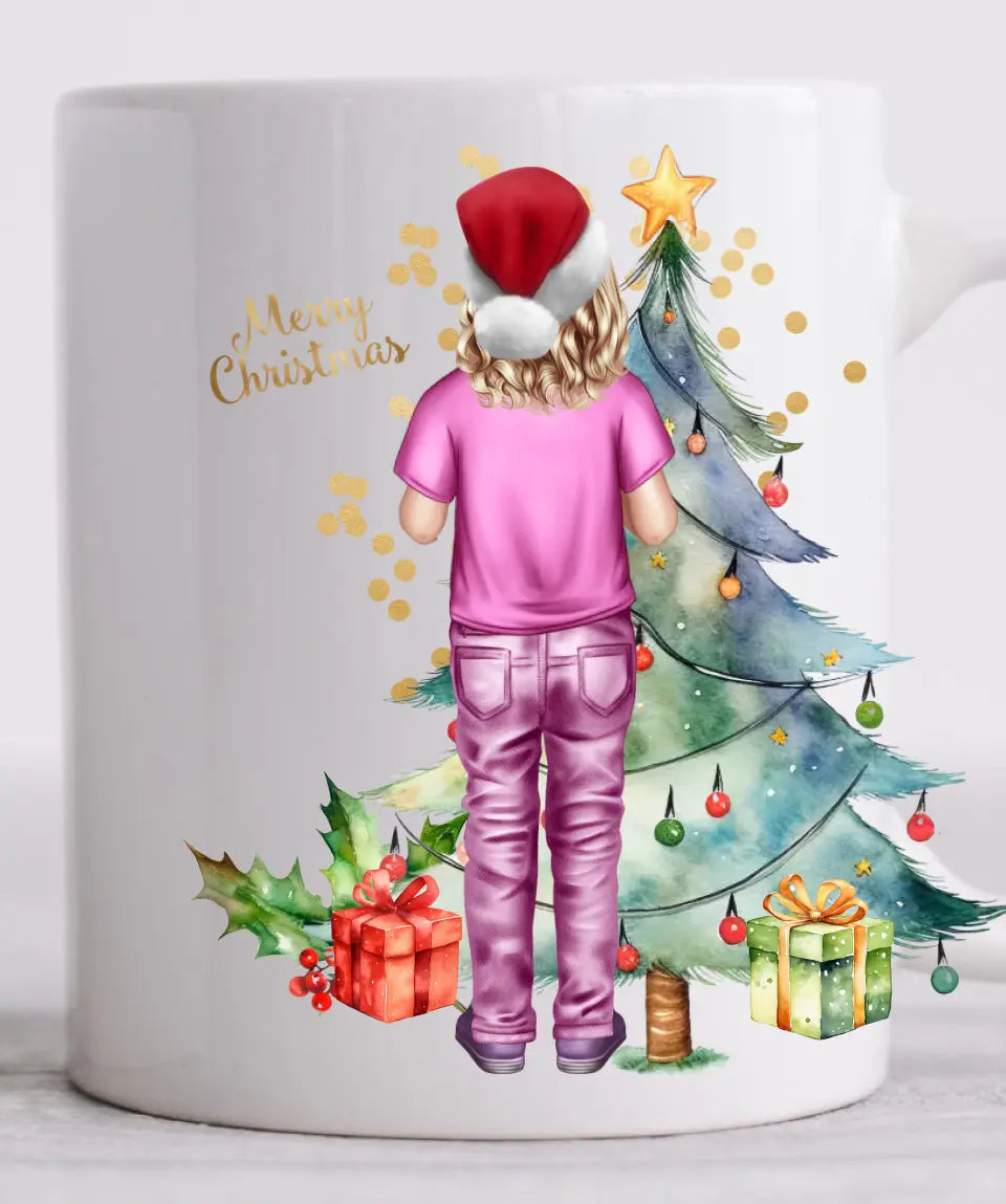 Personalisierte Tasse für Kinder zu Weihnachten mit Kleidung, Namen und Text gestaltbar. Weihnachtstasse