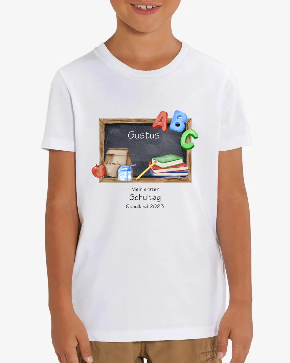 Mein erster Schultag - Kinder Bio T-Shirt mit Namen und Wunschtext personalisiert Schultafel
