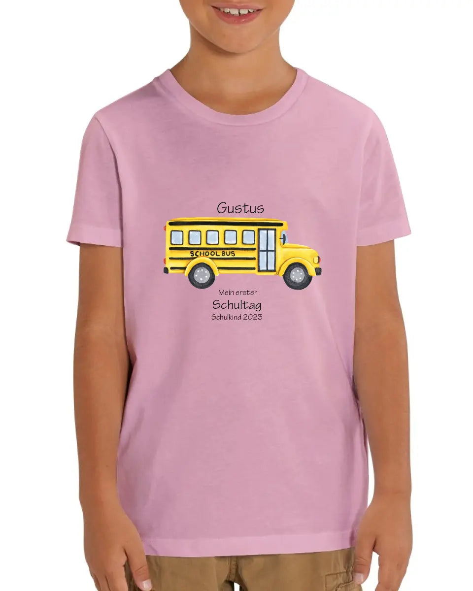 Mein erster Schultag - Kinder Bio T-Shirt mit Namen und Wunschtext personalisiert - Schulbus